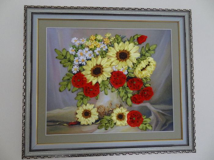 Hand made Sunflowers poppy 3D ribbon embroidery painting framed