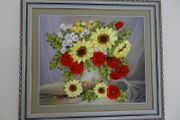 Hand made Sunflowers poppy 3D ribbon embroidery painting framed