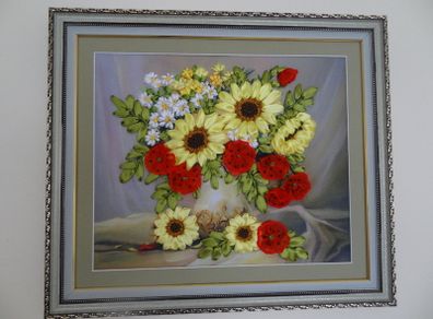 Hand made Sunflowers poppy 3D ribbon embroidery painting framed