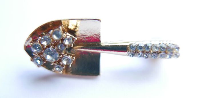 Small Gold Shovel Brooch With Tiny Rhinestones, Vintage Brooch Pin