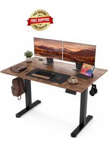 Electric Standing Desk 120x60cm Height Adjustable Desk with 3 Memory Presets & Sit Stand Reminder, Quiet Home Office Computer Desk with LED Display, Cable Holes & Hooks, Rustic Brown