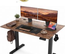 Electric Standing Desk 120x60cm Height Adjustable Desk with 3 Memory Presets & Sit Stand Reminder, Quiet Home Office Computer Desk with LED Display, Cable Holes & Hooks, Rustic Brown