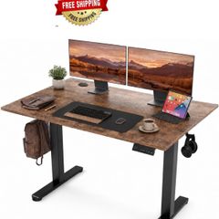 Electric Standing Desk 120x60cm Height Adjustable Desk with 3 Memory Presets & Sit Stand Reminder, Quiet Home Office Computer Desk with LED Display, Cable Holes & Hooks, Rustic Brown