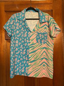 Animal Print Patchwork shirt men's Size small Striped Festival Lapel Short sleeve