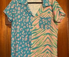 Animal Print Patchwork shirt men's Size small Striped Festival Lapel Short sleeve