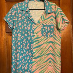 Animal Print Patchwork shirt men's Size small Striped Festival Lapel Short sleeve