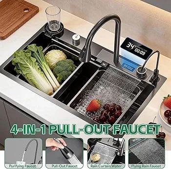 Drop-in Waterfall Sink Workstation with Faucet Combo and Cup Washer, 26.7" x 17.6" x 7.9" Stainless Steel Waterfall Bowl, Modern Smart Undermount Kitchen Unit, for Household Use, Gun Grey