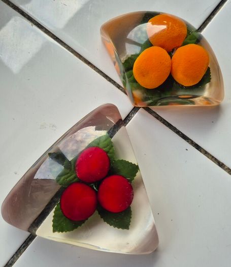 Paperweights x2 Vintage Midcentury Lucite fryit paperweights