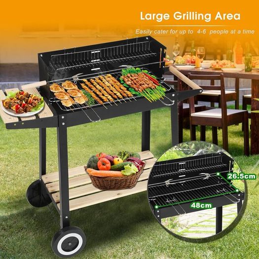 Trolley Barbecue with Warming Rack & Rotisserie Spit for Outdoor Garden Camping Patio