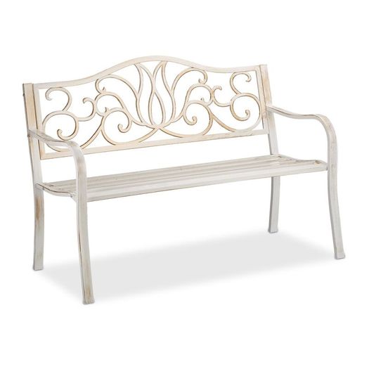 Antique White 2 Seater Metal Garden Bench with Decorative Scroll Backrest