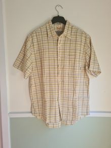 mens TIMBERLAND short sleeve shirt yellow check pattern Size Large  Cotton/Linen blend