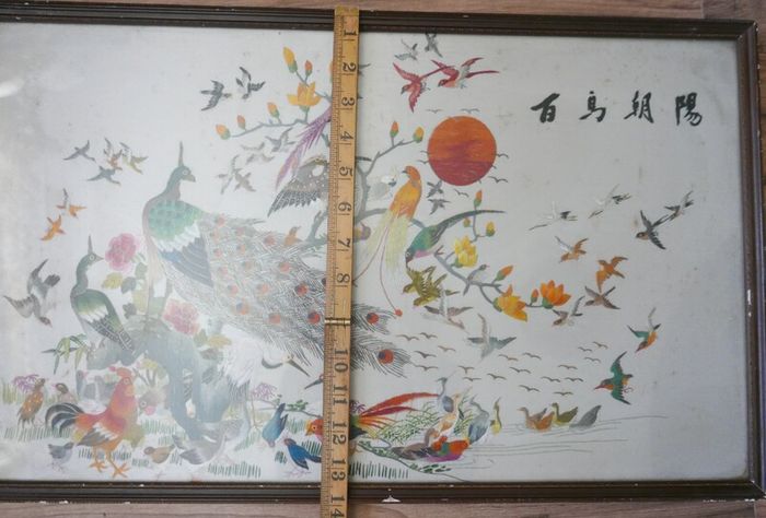 Antique Early 20c Chinese Silk Embroidery Birds Panel Framed - 23"x14"