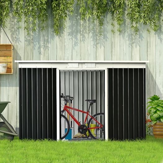 9ft x 4.25ft Corrugated Garden Metal Storage Shed Outdoor Equipment Tool Box with Foundation Ventilation & Doors Dark Grey FREE SHIPPING