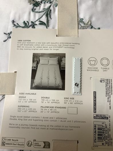 M&S embroidered bed linen set king size , new,