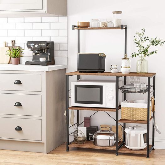 Standing Kitchen Shelf with Metal Basket and 6 S-Hooks and Shelves