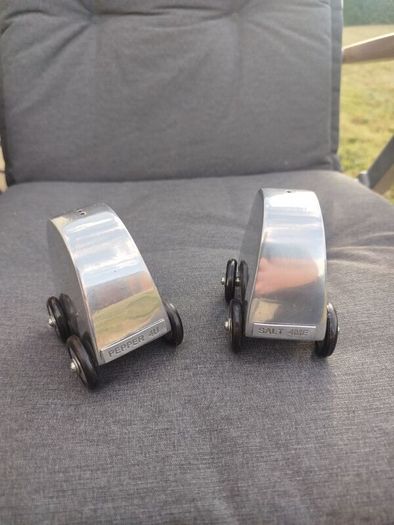 Vintage Mid-Century Rolling Car Salt & Pepper Shakers SALT 4ME & PEPPER 4U
