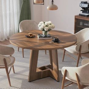 Round Dining Table for 4-6 People, Brown Kitchen Table, 120CM Farmhouse Dinning Tables, No Shaking, More Durable, for Kitchen and Living Room, Easy to Assemble (only table)