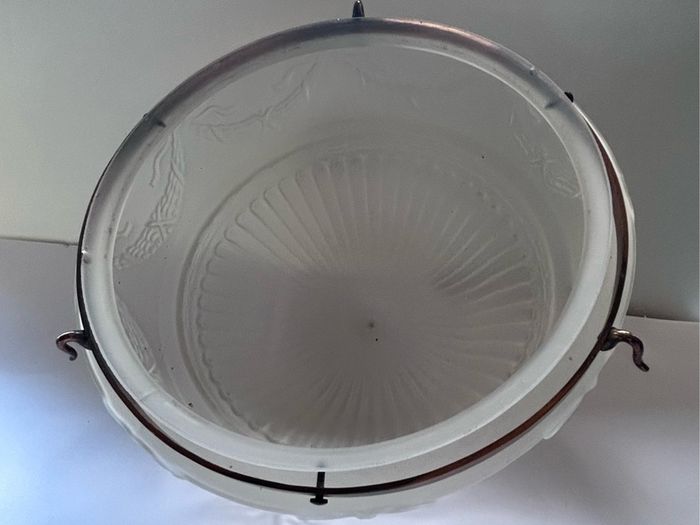 Vintage Art Deco Fluted White Opaque Glass and Copper Ceiling Light