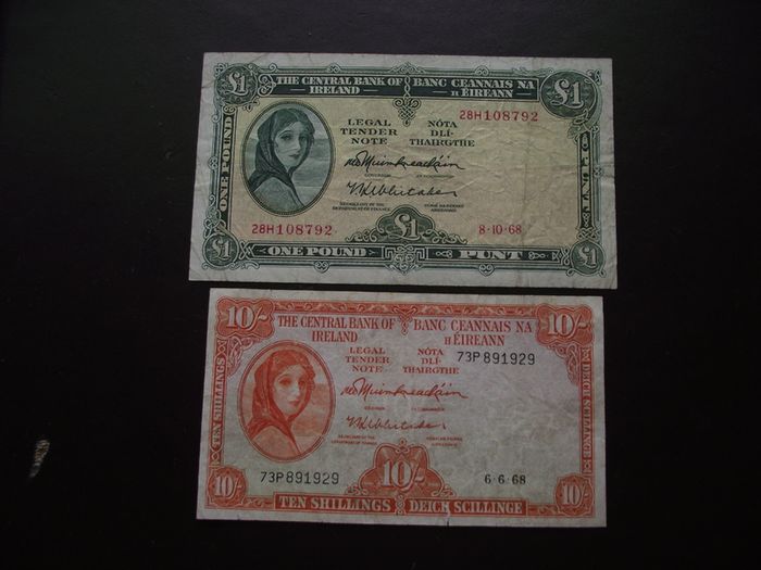 1968 Two Lady Lavery Notes: 10 Shillings & One Pound