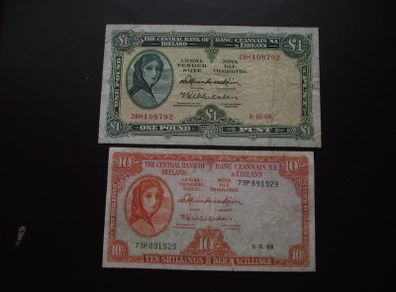 1968 Two Lady Lavery Notes: 10 Shillings & One Pound