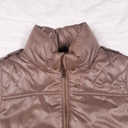 Per Una Bronze Beige Brown Metallic Quilted Puffer Vest Zip-Up Bodywarmer Gilet Size S