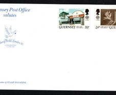 1990 Guernsey Card with Europa Commemorative stamps with Stamp Worlds London 90 logo noting presented by Stamp Magazine