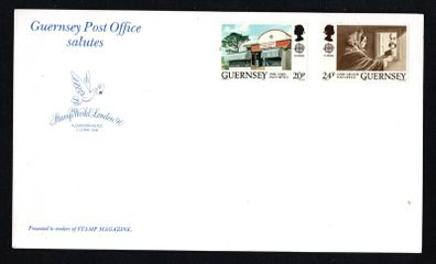 1990 Guernsey Card with Europa Commemorative stamps with Stamp Worlds London 90 logo noting presented by Stamp Magazine