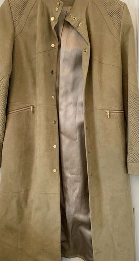 Karen Millen Satin Lined Suede Leather Duster Coat - Beige.