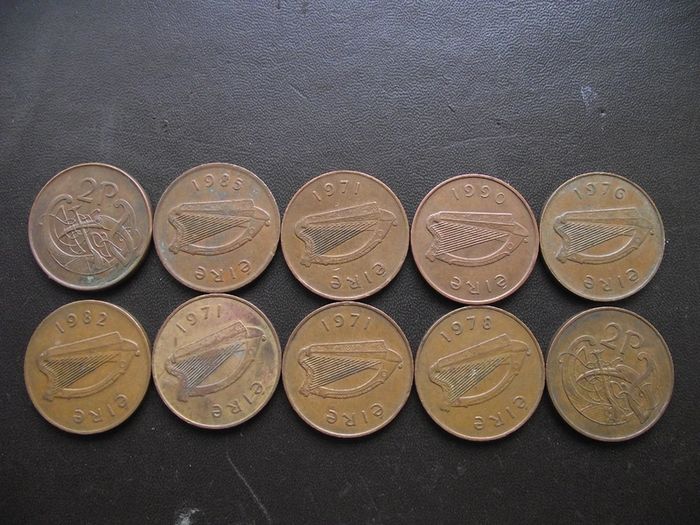 10 Irish 2 pence coins (1971-1996)