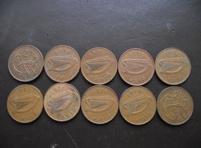 10 Irish 2 pence coins (1971-1996)