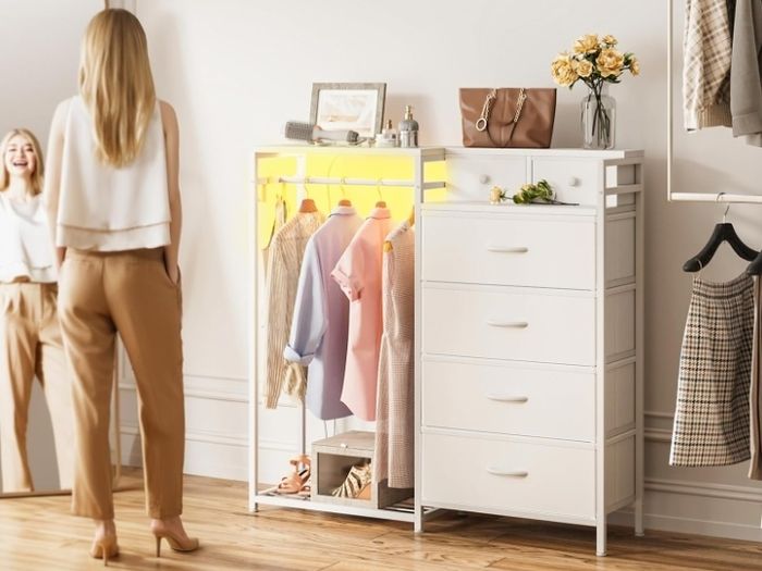 Chest of Drawers Bedroom with Hanging Rail, 110x30x106cm, White  Built-in LED Lighting and Power Socket, Reversible 6-Drawer Design, Fabric Chest of Drawers for Bedrooms and Living Rooms