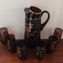 Fabulous Vintage Retro Mid-Century-Modern Hand Blown Tall Glass Pitcher with Six Matching Glasses in Purple/Amethyst Glass with Rose Pattern and Rose Gold Gilt Banding and Frosted Effect Image 3