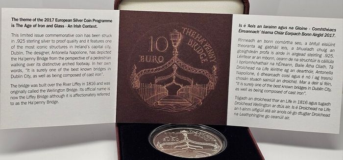 Ireland 2017 Silver Proof The HaPenny Bridge 10 Euro Coin in Original Holder