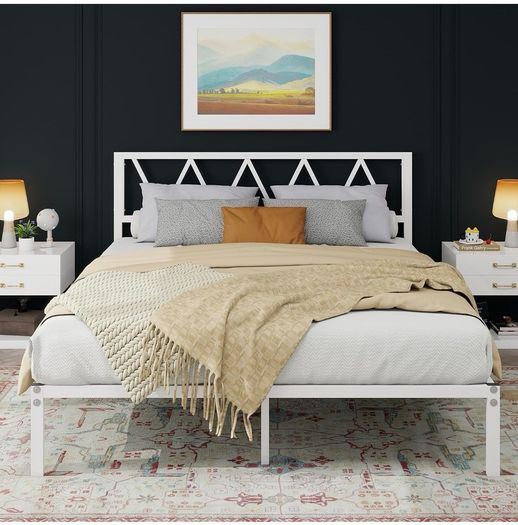 King Size Bed Frame with Headboard, Heavy Duty Metal Under Bed Storage, No Box Spring Needed, Easy Assembly, White