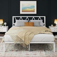 King Size Bed Frame with Headboard, Heavy Duty Metal Under Bed Storage, No Box Spring Needed, Easy Assembly, White