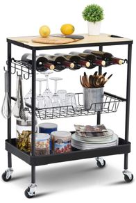 Kitchen Island Storage Trolley with Wine Rack, Serving Trolleys with Utility Wood Tabletop, 4-Tier Rolling Cart with Basket Drawer Lockable Casters for Home, Dining Room, Restaurant, Hotel (FREE POSTAGE)