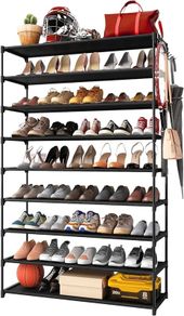 NEW SALE | 9-Tier Tall Shoe Rack for Closet - Shoe Organizer with Hook Rack, Large-Capacity of 36-45 Pairs, Metal Space-Saving Shoe Shelf for Entryway, Closet