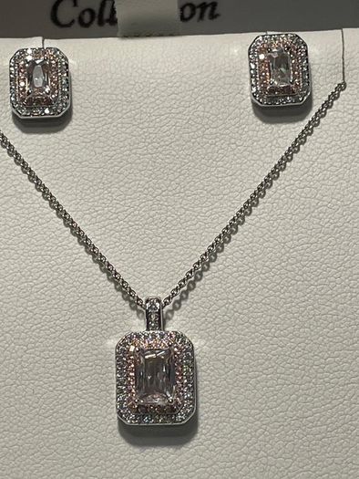 Sterling silver Jewellery set Pendant and earrings White & Pink Cubic Zirconia in Two Tone
