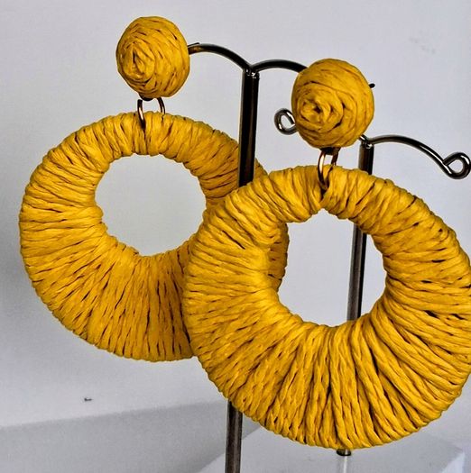 Golden Yellow Raffia Woven Stud Hollow Out Woven Hoop Earrings