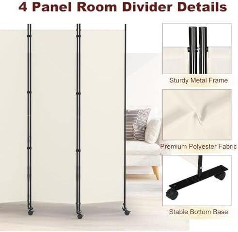 4 Panel Room Divider Folding Privacy Screen, Freestanding Room Partition with Lockable Wheels, Portable