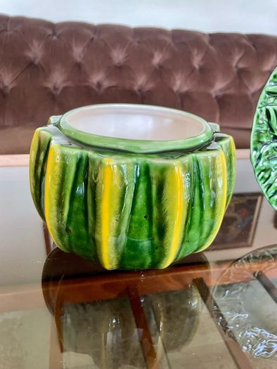 Vintage Whimsical Green Yellow Melon Bowl Flower Pot Holder Olfaire Portugal