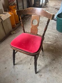 Pub style wooden chair, red velvet padded seat