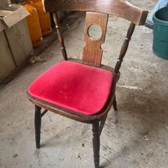 Pub style wooden chair, red velvet padded seat