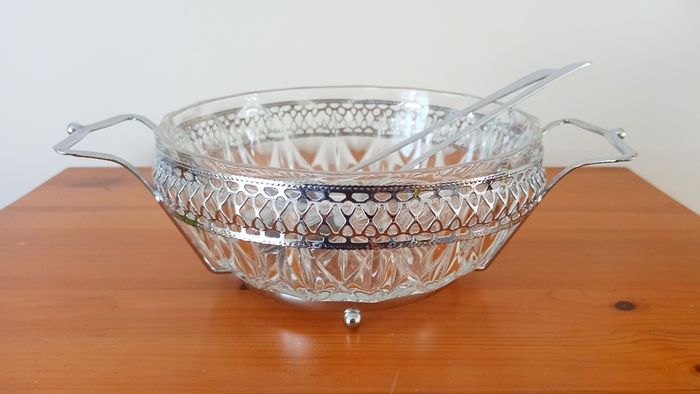 Vintage glass serving bowls sitting on chrome finish ornated frame/plates glass made in France by Reims, spoons in Sheffield