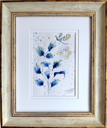 Blue Leaves, Golden Air / Original Watercolor Abstract Floral Painting