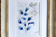 Blue Leaves, Golden Air / Original Watercolor Abstract Floral Painting