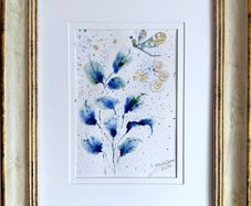 Blue Leaves, Golden Air / Original Watercolor Abstract Floral Painting