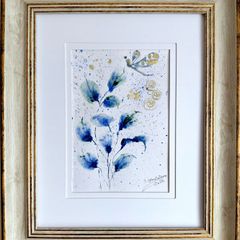 Blue Leaves, Golden Air / Original Watercolor Abstract Floral Painting