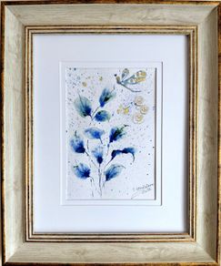 Blue Leaves, Golden Air / Original Watercolor Abstract Floral Painting
