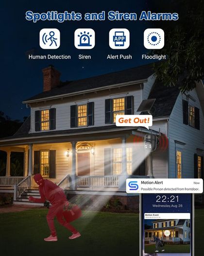Security Cameras Wireless Outdoor, 360 PTZ Battery Powered Outdoor Camera, 2.4G WiFi Camera with Spotlight Color Night Vision, Motion Sensor Alarm, IP66-Bla